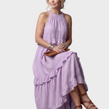 Eliza | Sukienka Maxi z Halterem i Falbanami