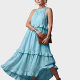 Eliza | Sukienka Maxi z Halterem i Falbanami