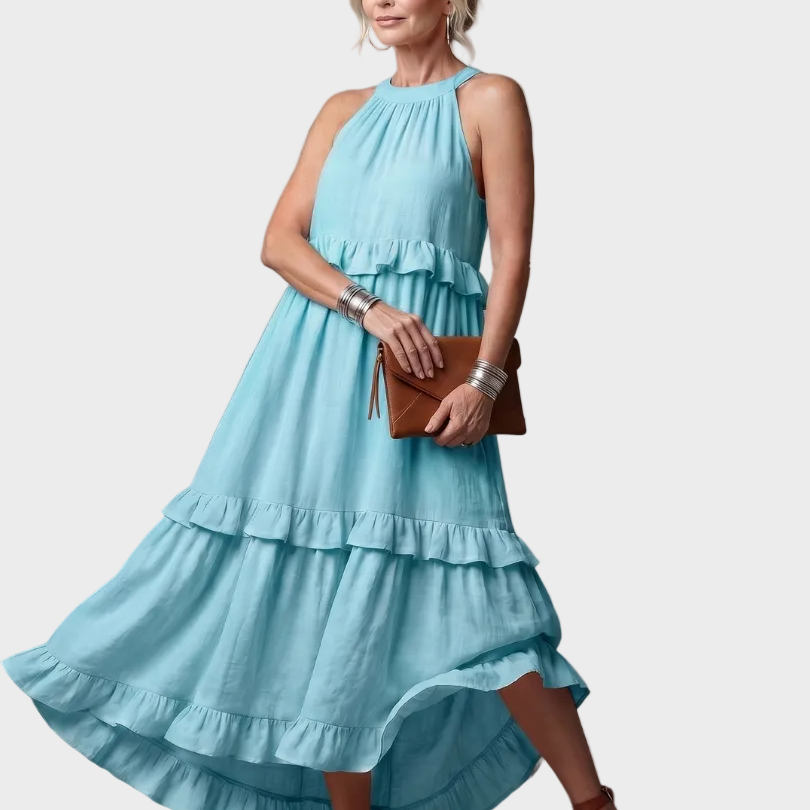 Eliza | Sukienka Maxi z Halterem i Falbanami