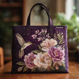 Grażyna | Fioletowa pikowana torba z motywem kolibrów i orchidei