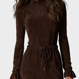 Ewa | Elegancka Sukienka Midi z Zamszu w Ciemnym Brązie z Wiązaniem